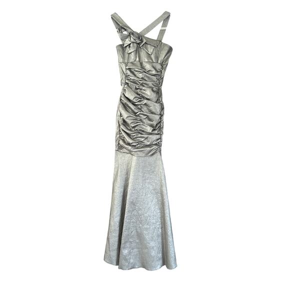 Vintage Jessica McClintock Pewter Silver Rosette Ruched Metallic Mermaid Gown  6 - Picture 2 of 11